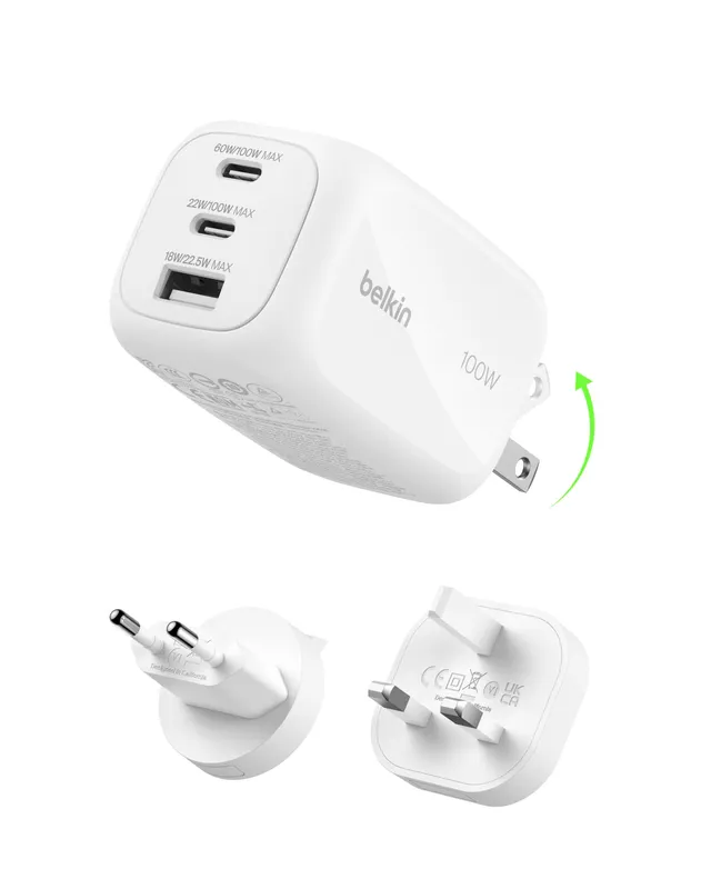 belkin-chargeur-secteur-gan-100-w-3-ports-2x-usb-c-pd-pps-usb-a-blanc image 1