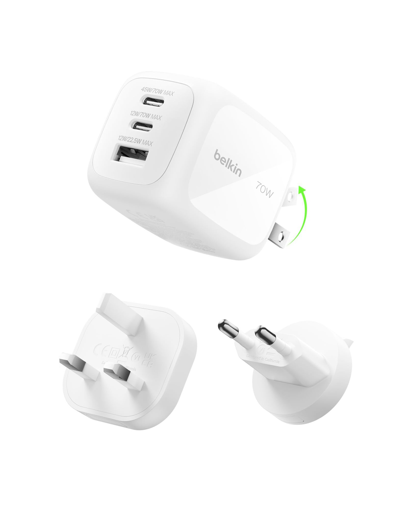 belkin-chargeur-gan-70-w-3-ports-2-usb-c-pd-pps-usb-a-avec-fiches-ue-uk-us-recha image 1
