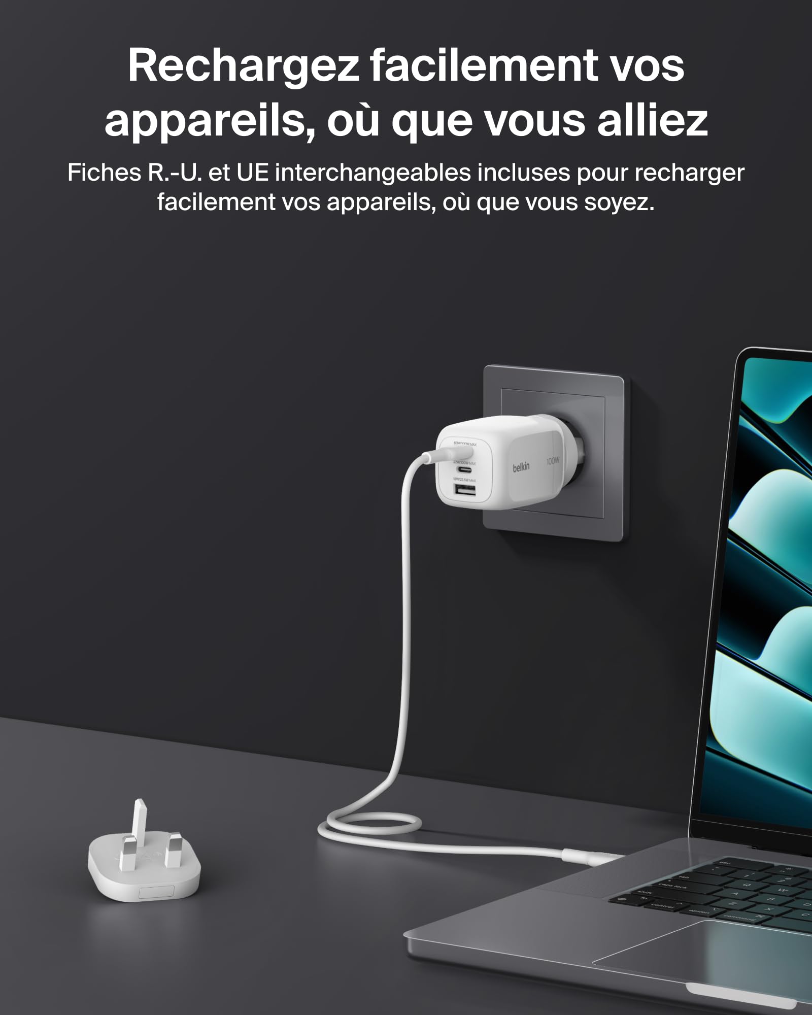 belkin-chargeur-secteur-gan-100-w-3-ports-2x-usb-c-pd-pps-usb-a-blanc image 3