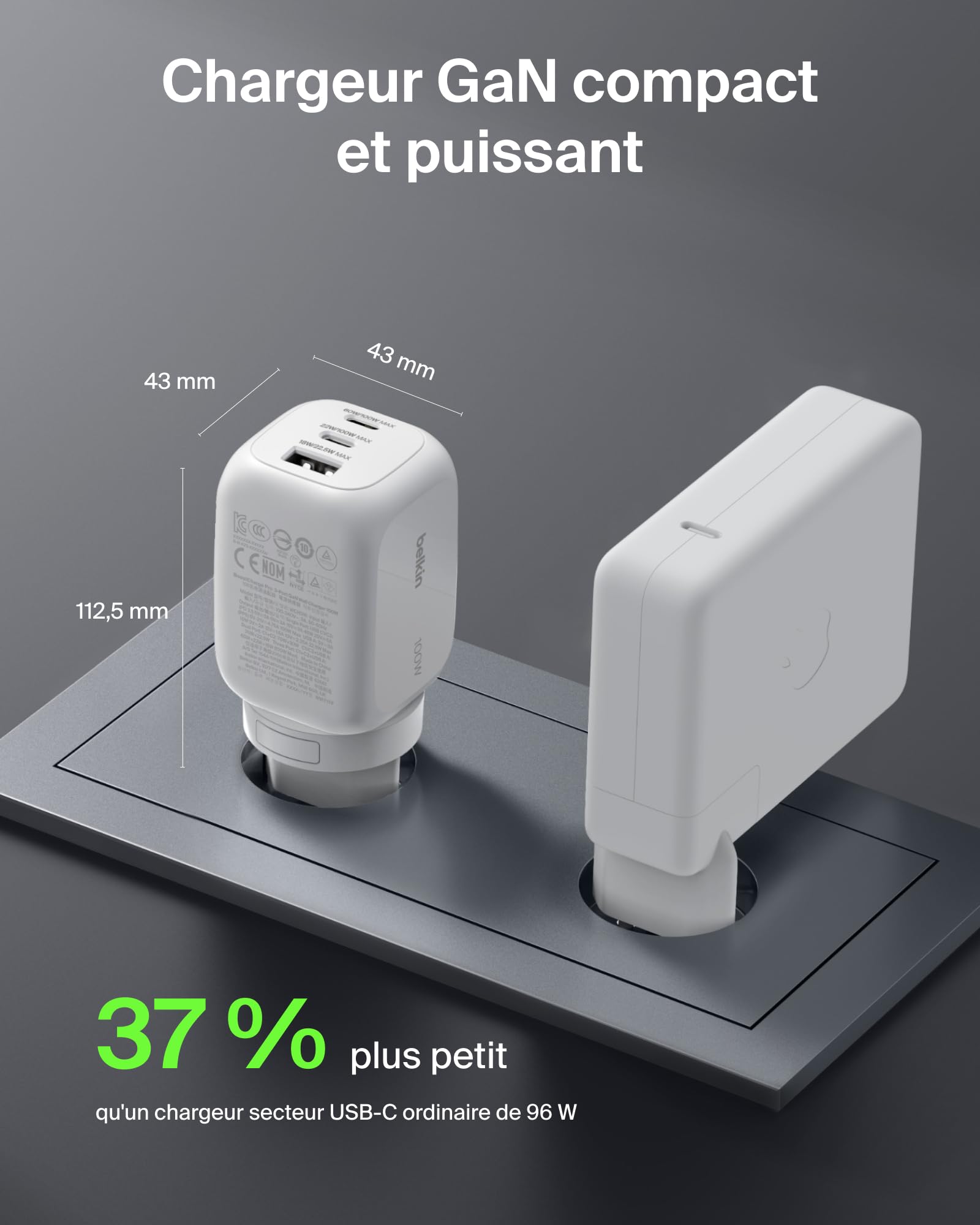 belkin-chargeur-secteur-gan-100-w-3-ports-2x-usb-c-pd-pps-usb-a-blanc image 5