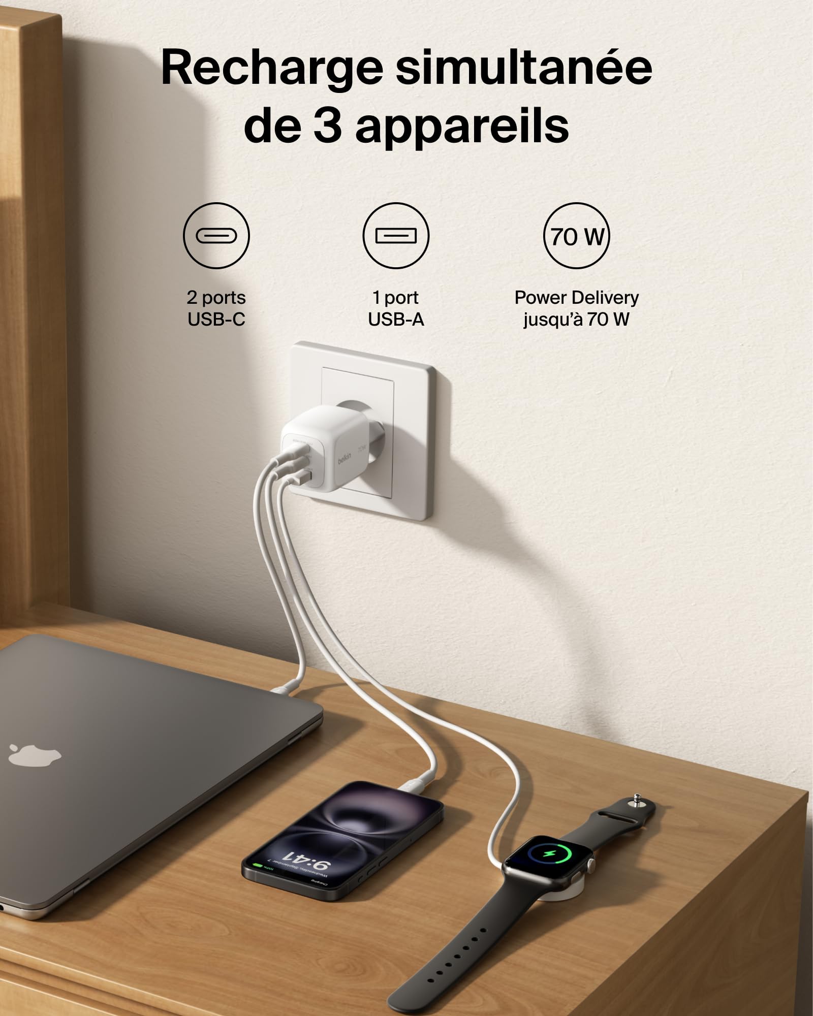 belkin-chargeur-gan-70-w-3-ports-2-usb-c-pd-pps-usb-a-avec-fiches-ue-uk-us-recha image 2