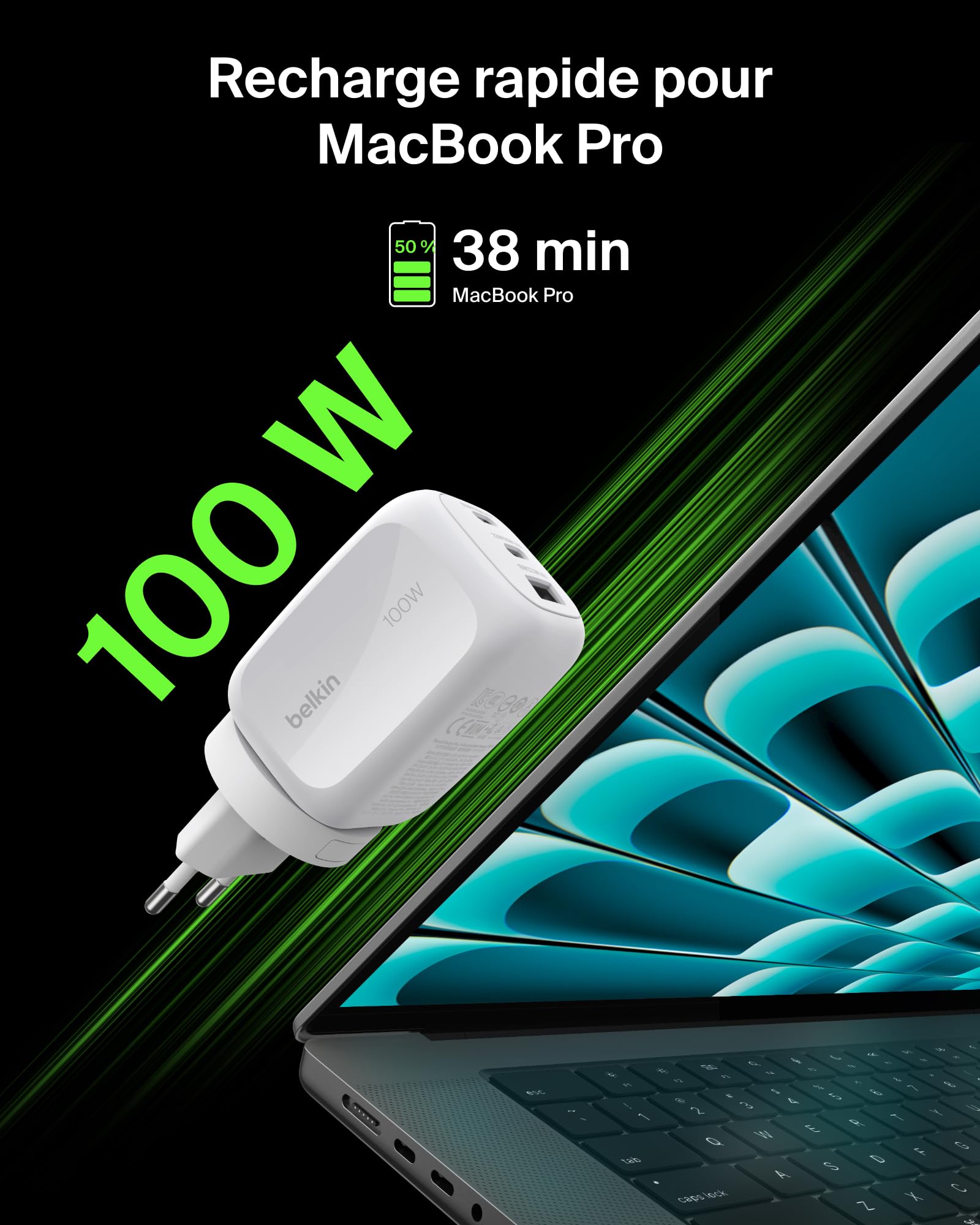 belkin-chargeur-secteur-gan-100-w-3-ports-2x-usb-c-pd-pps-usb-a-blanc image 4