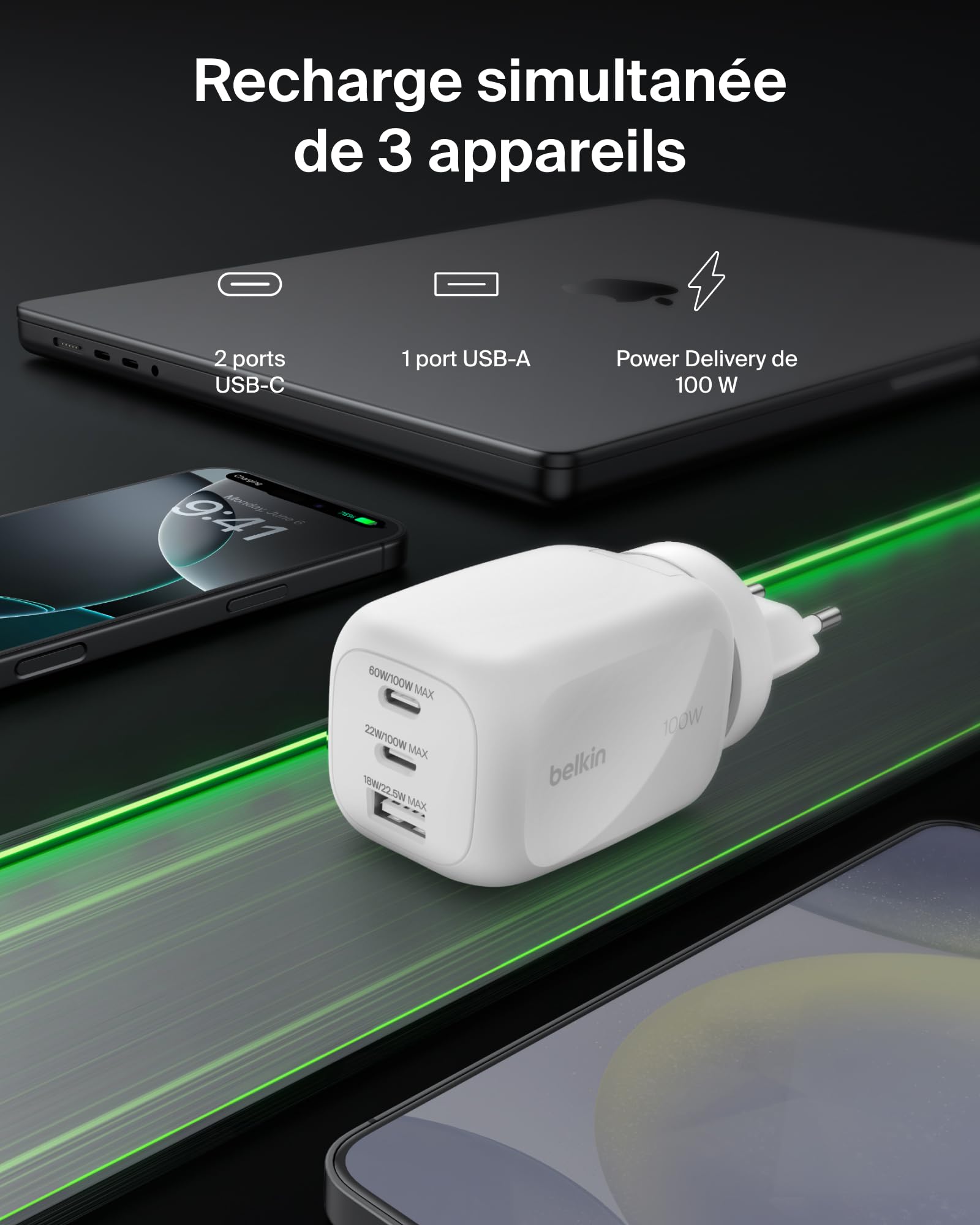 belkin-chargeur-secteur-gan-100-w-3-ports-2x-usb-c-pd-pps-usb-a-blanc image 2